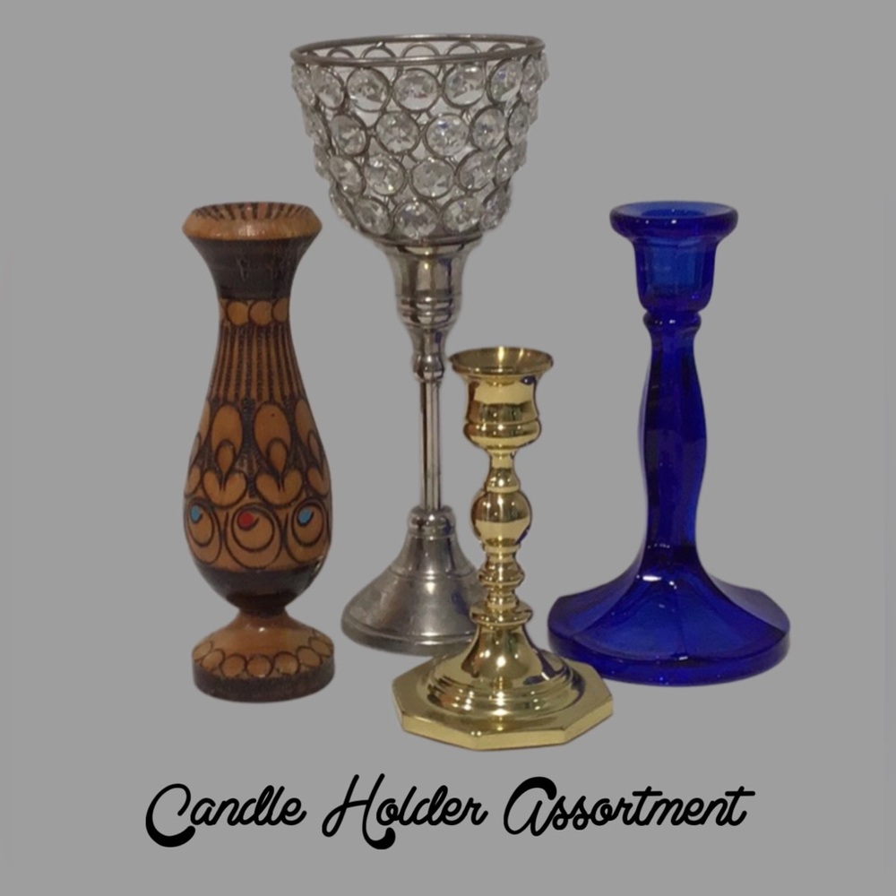 CANDLE HOLDER Assortment Wooden Polish, Baldwin Brass, Cobalt Blue, Crystals